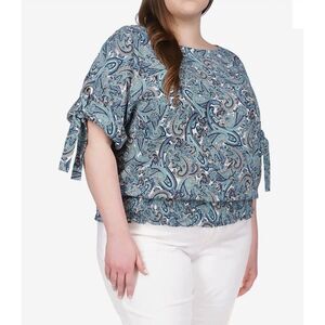 MICHAEL Michael Kors Women Blue & White Rolled Tab Sleeve Blouse Size M